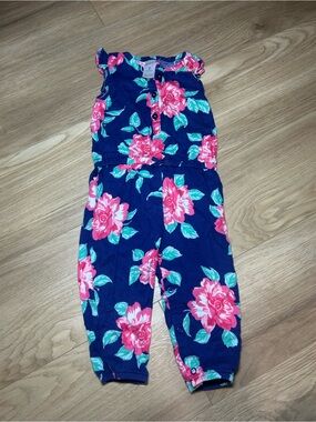 Carter's Navy Floral Sleeveless Romper with Pink Roses and Teal Leaves